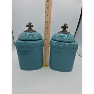 Drake Design Tuscan Scroll Fleur De Lis Turquois Square Canister No Base 9 1/2"‎